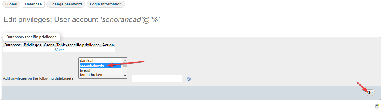 phpMyAdmin - Set Database