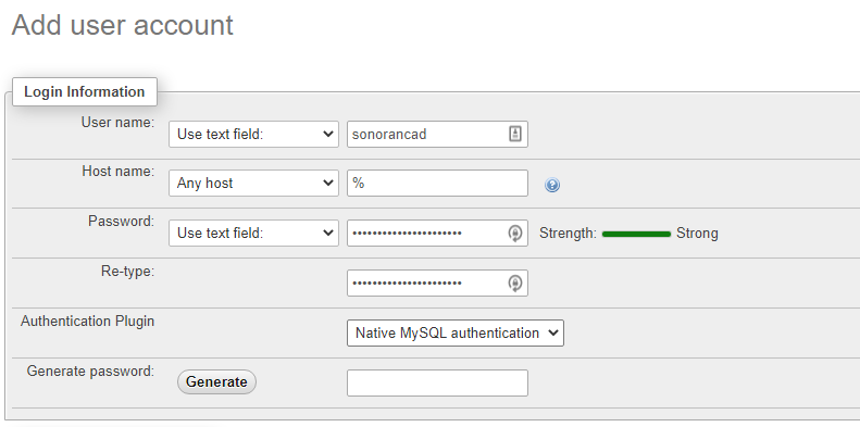 phpMyAdmin - New User Information