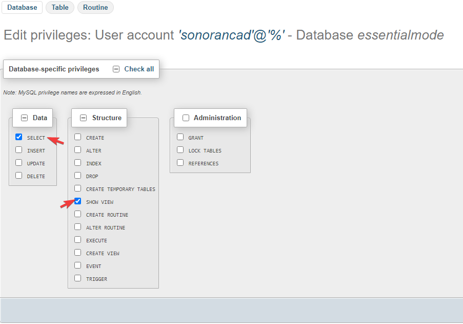 phpMyAdmin - Read Only Permissions